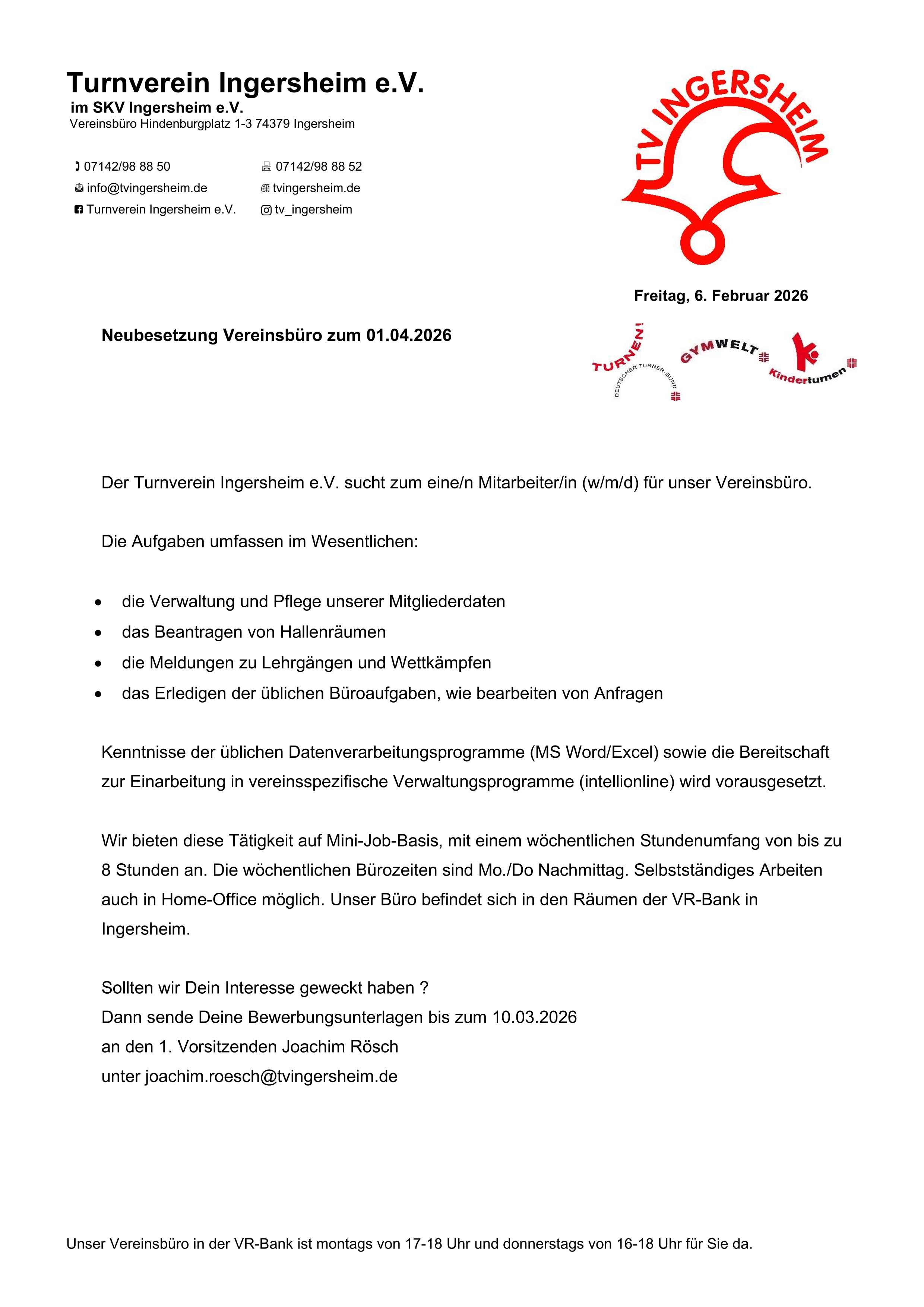 Ausschreibung Neubesetzung Vereinsbüro 2026